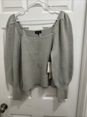 1. State Silver Ribbed Square-Neck Moonlight Garden Silver Heather Sweater NWT